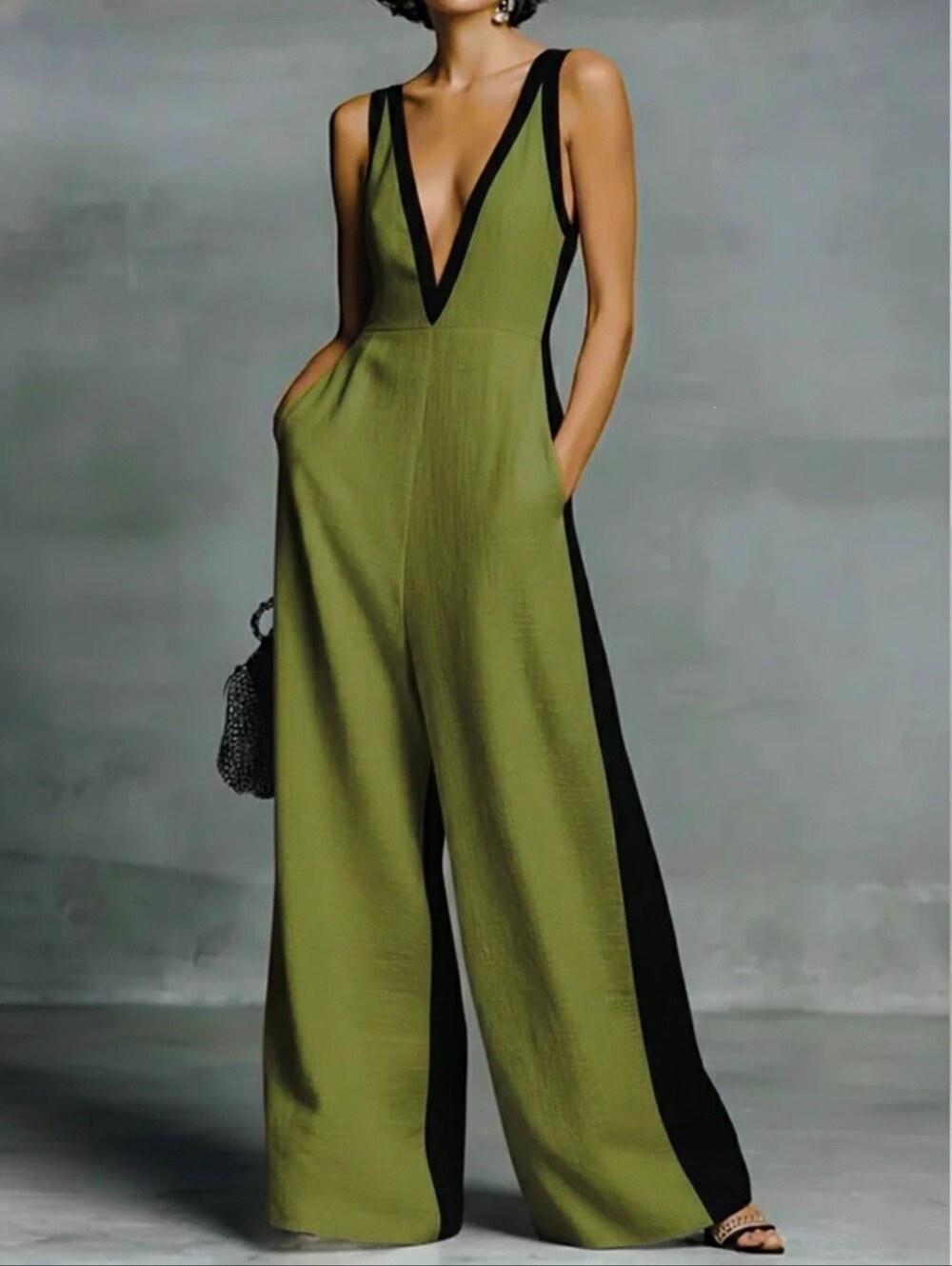 Sleeveless Olive Green & Black V-Neck Wide-Leg Jumpsuit